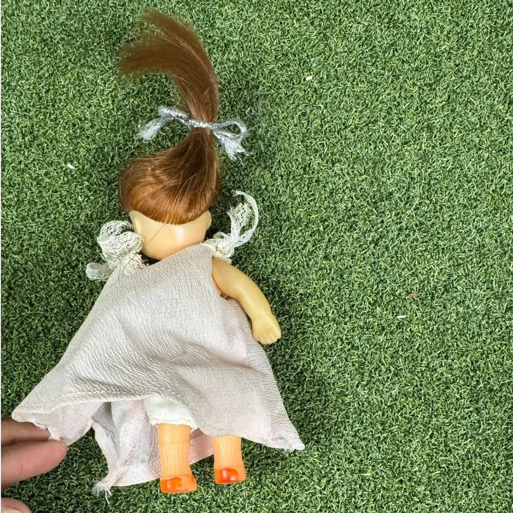 Vintage Mini Plastic Doll‎ Brown Ponytail Blue Eyes White Dress 6in Toy Figure